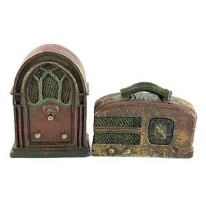 Vintage Mini Radio Figurines Set of 2 Resin Cathedral & Suitcase Radios Retro